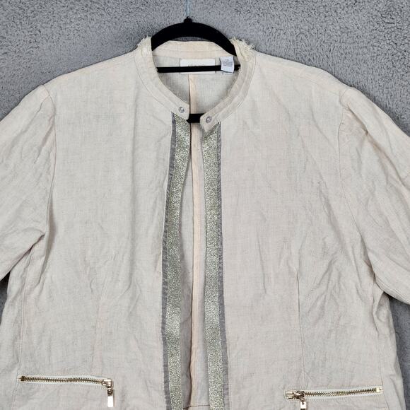 CHICOS Jacket Womens Size 2 US Large Beige Open Front 100% Linen Mandarin Collar - Picture 5 of 16